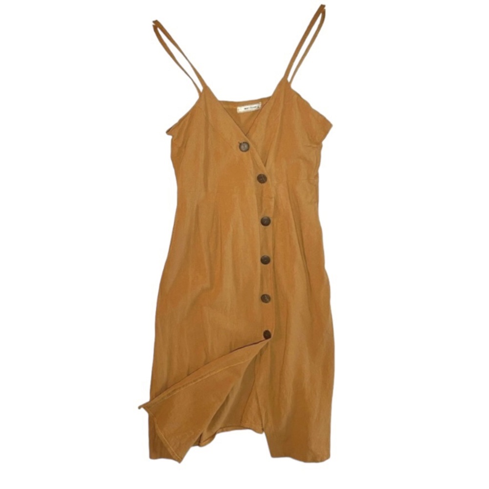 Button-Front Spaghetti Strap Mini Dress in Caramel Brown